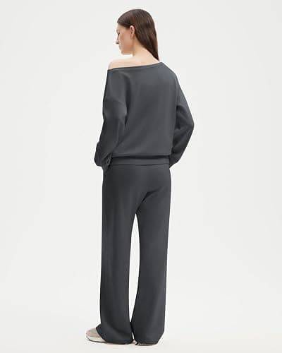 SUUKSESS Women 2 Piece Lounge Matching Set Off Shoulder Sweatshirt Wide Leg Sweatpant thumbnail 3