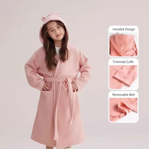 Kids Hooded Bathrobe 100% Cotton Pajama Robe, Boys and Girls Soft Towel Morning Gown, 2-9 Spa Hooded Toddler Long Bathrobe thumbnail 4