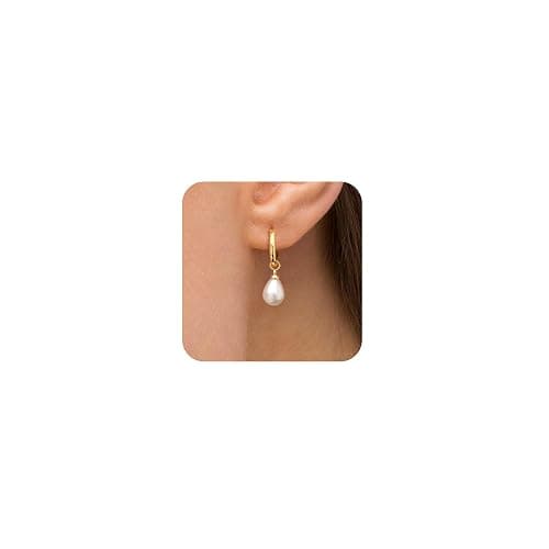 Robaice 14K Gold Plated Pearl Dangle Earrings for Women, Small Pearl Drop Huggie Hoop Earrings, Hypoallergenic Dainty Gold Wedding Earrings Jewelry Gifts for Women Trendy - Image 1