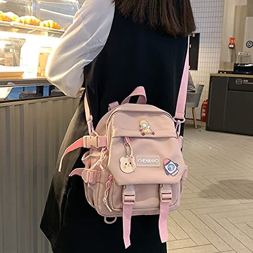 PEXIZUAN kawaii backpack girl school bag waterproof nylon with kawaii pendant cute pin mini backpack(pink) thumbnail 2
