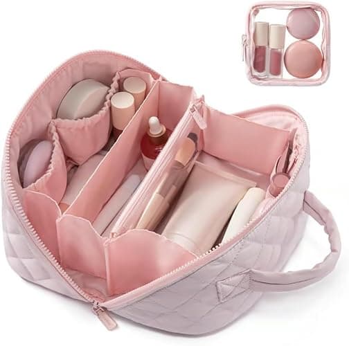 Makeup Bag for Woman, Wide Open Lay-Flat Water-Resistant Cosmetic Case, Festivalment Makeup Bag, Spacious 180° Open Cosmetic Organizer for Toiletries & Brushes Large Capacity with Compartments (Pink) thumbnail 5