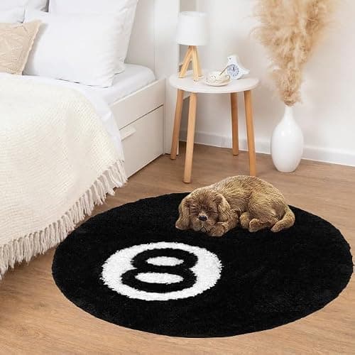Aewerpec 24" Black Geometric Number 8 Ball Rug, Unique Circle Area Rug for Bedroom Decor thumbnail 2