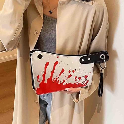 PU Leather Creative Prank Knife Shoulder Bag, Japanese Cartoon Gothic Horror Crossbody Bag, Bloody Axe Chopper Clutch Purse thumbnail 7