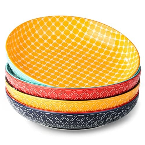DOWAN 10" Vibrant Pasta, Salad & Soup Serving Bowls Set of 4, Embossed Large Porcelain Ceramic, Microwave & Dishwasher Safe, Bonita Design Dinnerware Dishes for Daily Dining, Family Gatherings, Party - Image 1