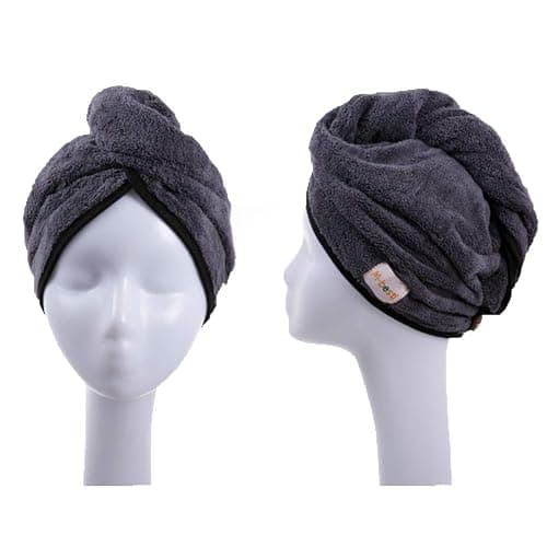 M-bestl 2 Pack Hair Drying Towels, Anti-frizz Hair Towel Wrap, Absorbent Microfiber Hair Towel Turban with Button Design for Straight Curly Hair (Dark Gray&Light Gray) thumbnail 2