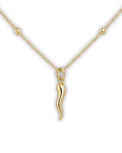 Fronay Collection 14K Gold Plated Italian Horn Necklace - Dainty Italian Cornicello Necklace – Gold Laminated Rosary Chain – 16”+1.5” – Good Luck Talisman Jewelry for Women - Made in Brazil - Image 1