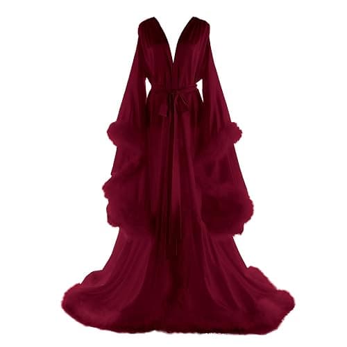 Daily Life Mall Women's Feather Bridal Robes Old Hollywood Maternity Photoshoot Nightgown Silk Bathrobe Long Lingerie - Large - G-burgundy - Image 1