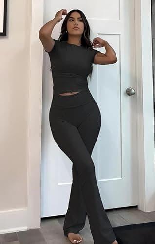 ZFLM Casual Workout Two Piece Outfits for Women Short Sleeve Crop High Waist Foldover Flare Pants Tracksuit Sets Streetwear thumbnail 5
