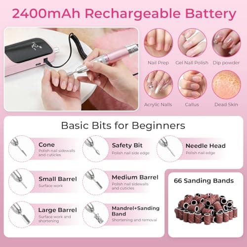 Wea&Hea Professional Electric Nail Drill, 50000 RPM Rechargeable Cordless E-File Machine for Acrylic Gel Nails, Low Noise Low Heat Nail File Kit with 6 Bits, 66 Sanding Bands, Pink thumbnail 3