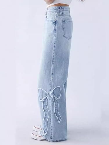 CORIRESHA Women's Straight Leg Frayed Edge Bow-Tie Embroidery High Rise Loose Denim Jeans - Medium - Blue thumbnail 3