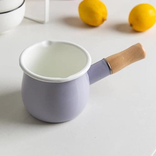 FYUEROPA Enamel Milk Pot, Butter Warmer Non-stick Mini Saucepan, 4 Inch 17 Oz Small Cookware with Wooden Handle(Purple) thumbnail 2