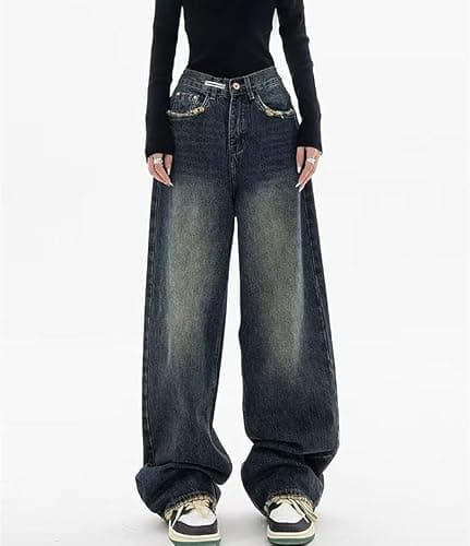 Jeans Donna Baggy y2k, Donna Larghi Jeans Vita Alta Jeans Donna Larghi Gamba Larga Hip Hop Jogger Oversize Hippie Harajuku Y2K Aesthetic Streetwear Baggy Denim Harajuku Gothic Pantaloni Cargo - XL - Blu thumbnail 2