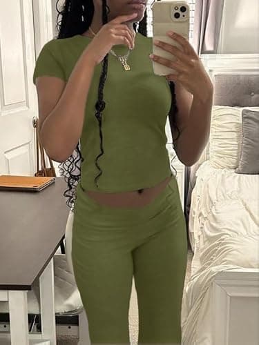 AYWA Women's 2 Piece Lounge Sets Short Sleeve Crop Top Foldover Flare Pants Casual Pajama Outfits thumbnail 2