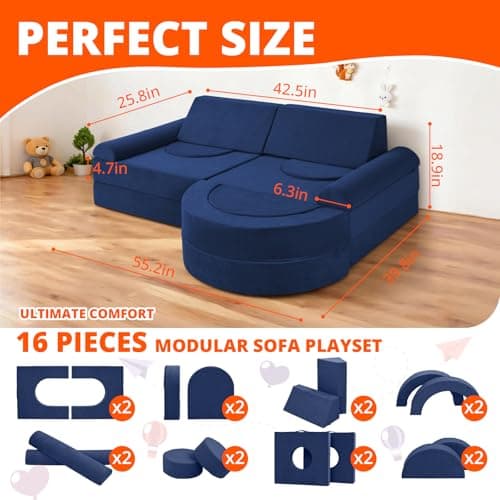 Fvkind Modular Kids Play Couch 16pcs, Kids Toddler Couch Building Fort for Playroom, Bedroom, Toddler Sectional Play Sofa, Convertible Foam Cushion Sofa for Boys and Girls, Blue thumbnail 2
