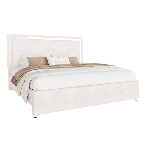 YUMPIE Full Bed Frame LED Lights Headboard, Velvet Upholstered, Cream | Adjustable Headboard built-in Chic Acrylic, Footboard, No Box Spring Needed, Solid Wood Slats, Noise-Free, Easy Assembly thumbnail 9