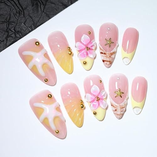 10 Pcs Handmade Reusable Press-On Nails - 3D Starfish, Flower & Gold Accents, Pastel Pink Almond Shape, Gradient Yellow-Pink Base | For Women & Girls, Daily & Party Use(StarfishA17, M) thumbnail 2