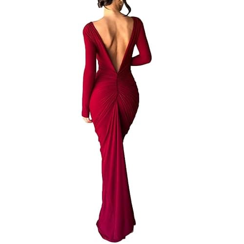 Geagodelia Robe Femme Maxi-Longue Sexy Moulante à Manches Longues, Robe de Soirée Col Deep V ou Dos Nu avec Deux Moyens à Porter - Image 1