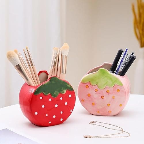Youfui Strawberry Pencil Holder Toothbrush Holder Cute Pen Holder for Desk Organizer Makeup Brush Pencil Cup Kawaii Desk Accessories Aesthetic Office Home Decor Birthday Gifts for Women (Red) - Image 1