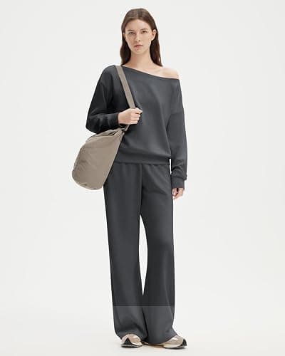 SUUKSESS Women 2 Piece Lounge Matching Set Off Shoulder Sweatshirt Wide Leg Sweatpant thumbnail 6