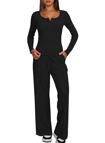Darong Women's Fall Trendy 2 Piece Outfits Lounge Sets Long Sleeve Top Henley Shirts Wide Leg Pants Travel Clothes thumbnail 4
