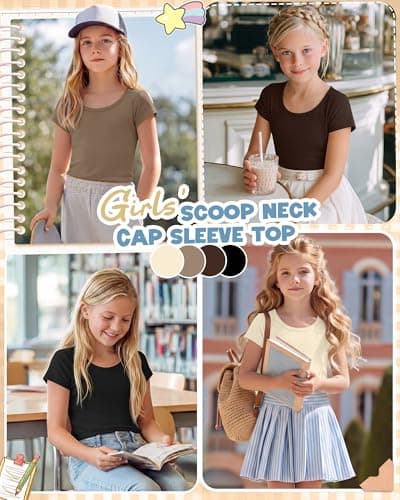 Oakgarden 4 Pack Girls Short Cap Sleeve T Shirts Scoop Neck Tops Kids Casual Slim Basic Summer Tees 5-14 Years(Brown, Cream, Coffee, Black,9-10 Years) thumbnail 2