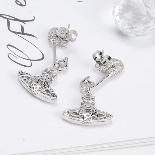 Colorful Saturn Earrings for Women - Punk Two-sided Pin Clip Zircon Saturn Earrings Ear Studs(Silver) thumbnail 4