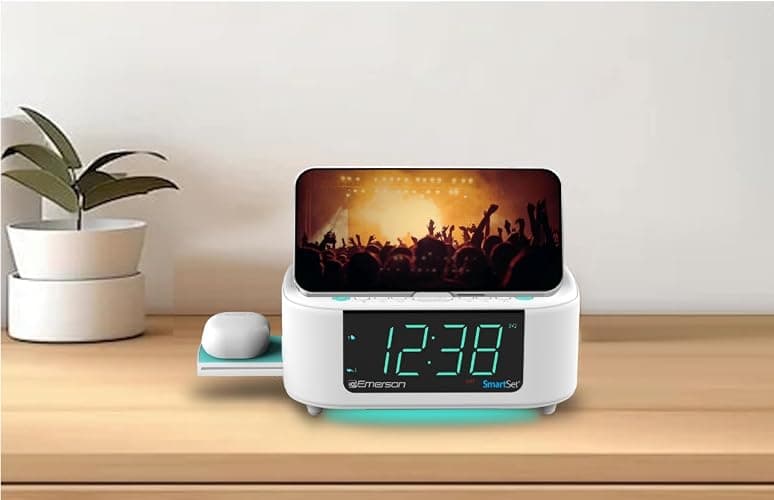 Emerson CKSW5010 Smartset Wireless Charging, Dual Alarm FM Clock, Bluetooth Radio/Speaker, 15W for Ultra-Fast Charging, 3W Retractable Port for Air Pods, White thumbnail 5