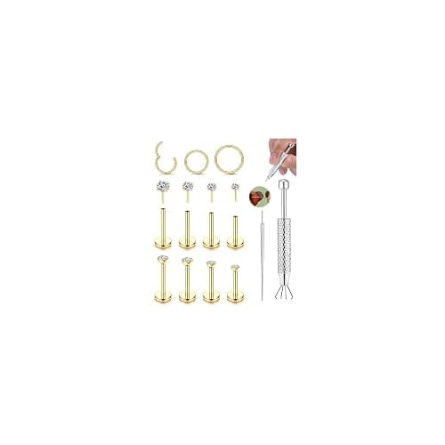 CASSIECA Nose Stud Nose Ring Hypoallergenic Labret Piercing Stainless Steel | 13Pcs 16/18/20G Nose Piercing Kit Gold Silver Nose Studs Nose Rings Threadless Lip Tragus Labret Cartilage Piercing Jewellery - Image 1