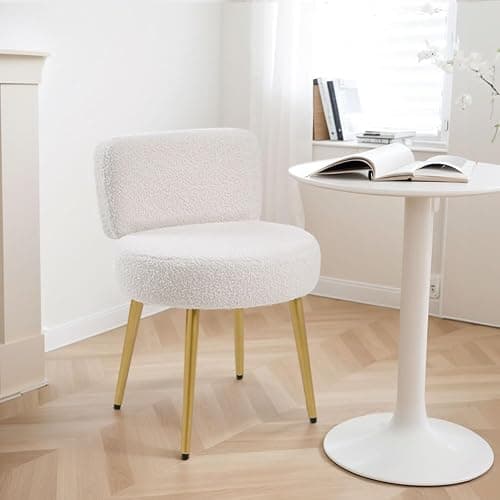 Warmiehomy Dressing Table Stool with Gold Legs and Tufted Back Comfy Makeup Vanity Stool Chair for Dressing Table, Bedroom, Living Room, White, Teddy Velvet thumbnail 5