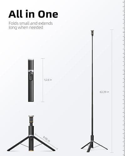 TODI 63" Cell Phone Selfie Stick Tripod, Portable Tripod for iPhone with Wireless Remote, Extendable Smartphone Stand, All-in-1, Compatible with iPhone/Android thumbnail 7