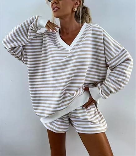 Melliflo Women 2 Piece Outfits Lounge Sets Striped Print Long Sleeve V Neck Sweatshirt and Shorts Set Fall Sweatsuit thumbnail 2