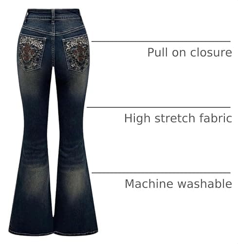 MakeMeChic Women's Bell Bottom Jeans Stretchy Embroidered Flared Jeans | Y2K Goth Jeans, High Waist Denim Pants thumbnail 4