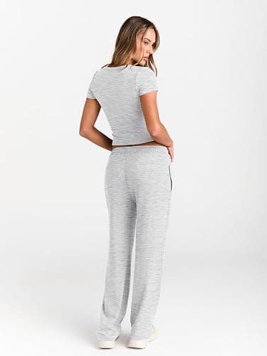 Trendy Queen 2 Piece Matching Summer Sweatsuit Lounge Set Womens Wide Leg Pants Side Ruching Crop Top Sets - Oatmeal Grey - Small thumbnail 4