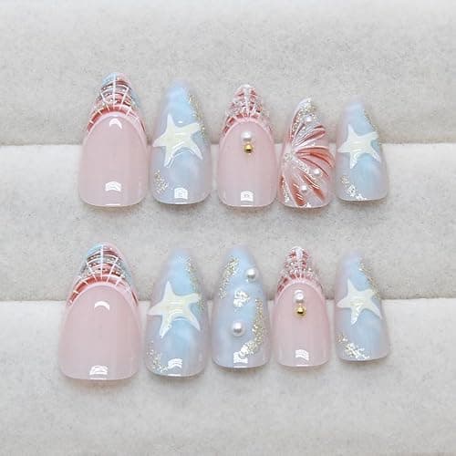 Mkwntg 24Pcs Starfish Press on Nails Medium Almond Fake Nails with 3D Star Pearl Shell Design Colorful French Tip Acrylic False Nails Silver Glitter Blue Ombre Glue on Nails for Women Summer Manicure thumbnail 4