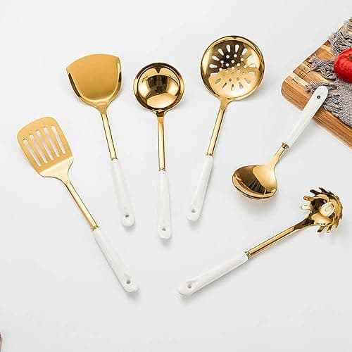 AQUAX Stainless Steel kitchenware seven Pieces Set (White Gold).Cooking Utensils 7 pcs Set with hanging shelf .Include Slotted Spoon, Slotted Spatula, Large Spoon, Soup Ladle, Spatula, Pasta spoon. thumbnail 8