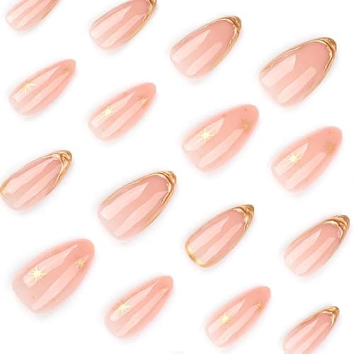 Foccna Press on Nails Almond Fake Nails with Gold Line Design Glue on Nails Acrylic Nails Glossy Full Cover Stick on Nails for Women 24Pcs thumbnail 3