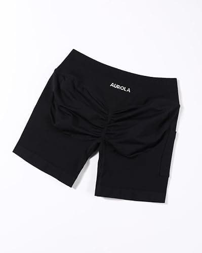 AUROLA Influence Workout Shorts for Women,2.5 3.5 4.5 5.5 6.5 No Roll Up Squat Proof Scrunch Seamless Compression Gym Short - 4.5" Side Pocket - X-Large - Black thumbnail 4