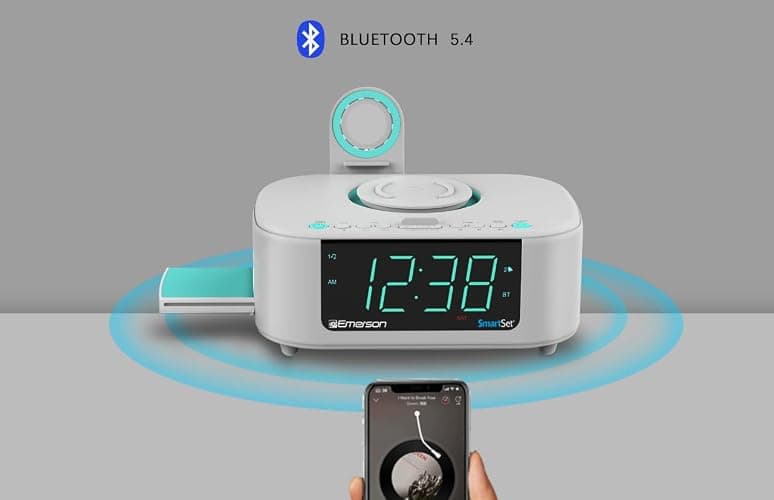 Emerson CKSW5010 Smartset Wireless Charging, Dual Alarm FM Clock, Bluetooth Radio/Speaker, 15W for Ultra-Fast Charging, 3W Retractable Port for Air Pods, White thumbnail 2