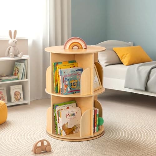 OOOK 2 Tier Rotating Bookshelf, Small Corner Bookshelf Floor Standing Wooden Narrow Bookcase Organizer for Kidsroom, Bedroom, Living Room thumbnail 7