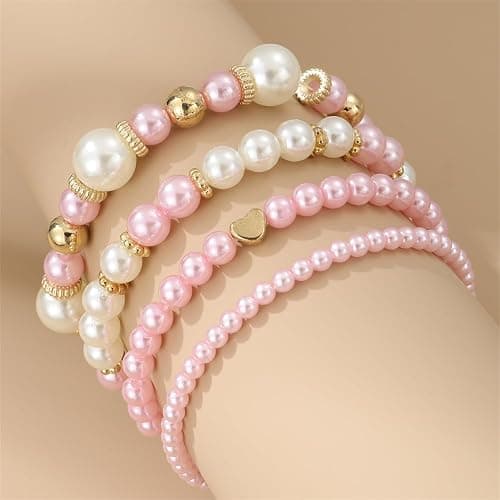 COLORFUL BLING Layered Pearl Stretch Bracelets Set for Women Daisy Flower Heart Star Simulated Pearl Stackable Elastic Bracelets Chunky Beaded Ball Adjustable Multilayer Bangles Wedding Jewelry Gift thumbnail 2