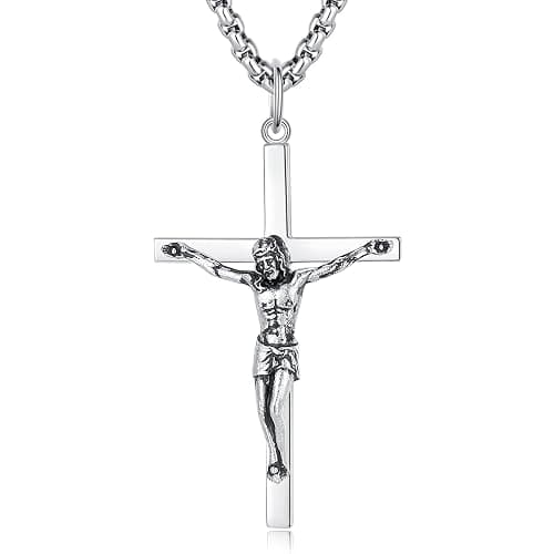 FANCIME Crucifix Cross Necklace Polished Crucifix Necklace Sterling Silver Fine Jewelry Gifts for Him Men, Strong Stainless Steel Box Chain Length 24 Inch - Image 1