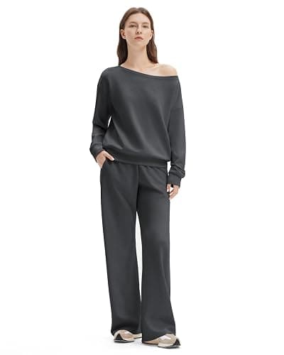 SUUKSESS Women 2 Piece Lounge Matching Set Off Shoulder Sweatshirt Wide Leg Sweatpant - Image 1