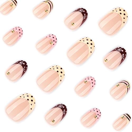 Foccna Polka Dots Press on Nails Brown French Short Fake Nails Oval Acrylic False Nails,Artificial Nails for Women 24pcs thumbnail 3