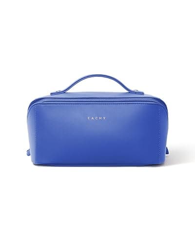 EACHY Travel Makeup Bag for Women, Flat Open Cosmetic Bag, Blue, Medium | Flat-open cosmetic organizer with pockets and clear TPU brush compartment for makeup, toiletries and travel essentials thumbnail 5