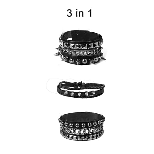 Eigso Leather Punk Rock Cuff Bracelets for Men Women Retro Vintage Chain 80s Wristband Set for Man Woman - 3Pcs-C thumbnail 2