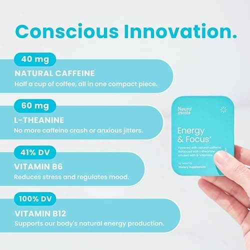 NeuroGum Energy & Focus Mints (72 Count-6 Pack, Peppermint) | 40mg Natural Caffeine + L-Theanine + Vitamin B12 & B6 | Sugar Free Nootropic Cognitive Brain Performance Supplement thumbnail 6