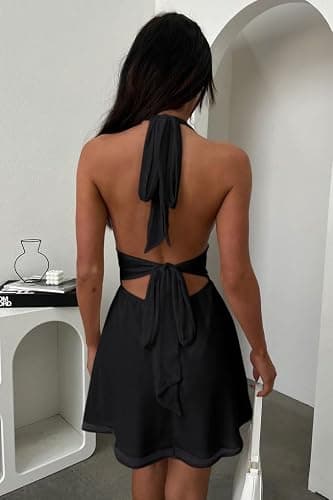 GOKATOSAU Women's Halter Deep V Neck Flowy Chiffon Bow Tie Backless Summer Mini Dress thumbnail 7
