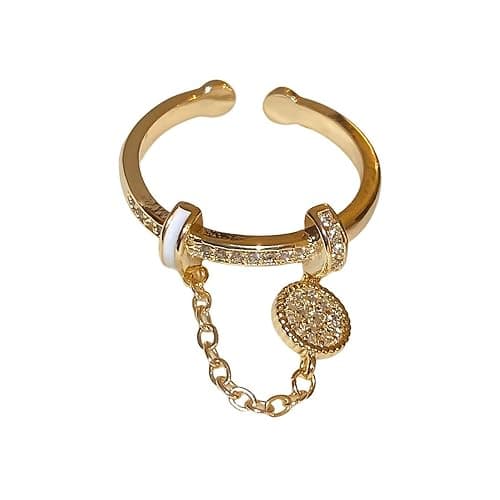 CZ Round Chain Promise Statement Ring for Women Silver Gold-Toned Dainty Crystal Disc Tassel Dangle Drop Open Wrap Finger Rings Adjustable Comfort Fit Fashion Wedding Birthday Holiday Jewelry - Image 1