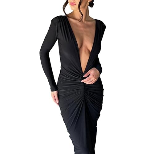 Geagodelia Robe Femme Maxi-Longue Sexy Moulante à Manches Longues, Robe de Soirée Col Deep V ou Dos Nu avec Deux Moyens à Porter thumbnail 4