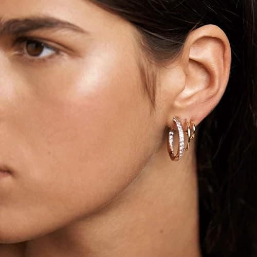 Obidos 14K Gold Plated Illusion Stud Earrings for Women | Triple Huggie Hoop Earrings for One Hole| Trendy Simple Hypoallergenic Fashion Accessories Gold Jewelry Gifts for Womens thumbnail 2